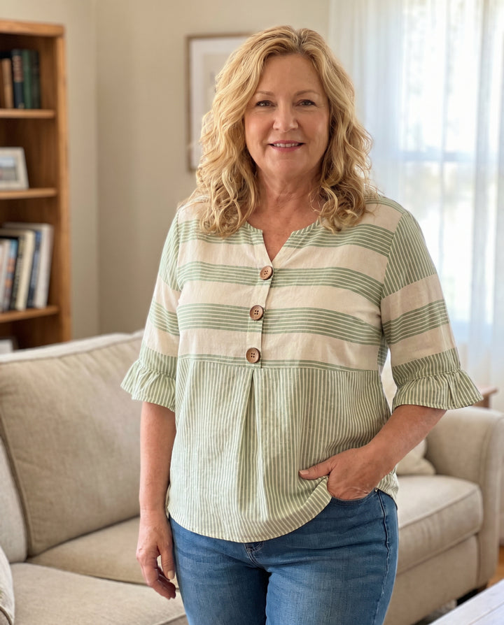 Hazel™ | Striped V-Neck Button Blouse