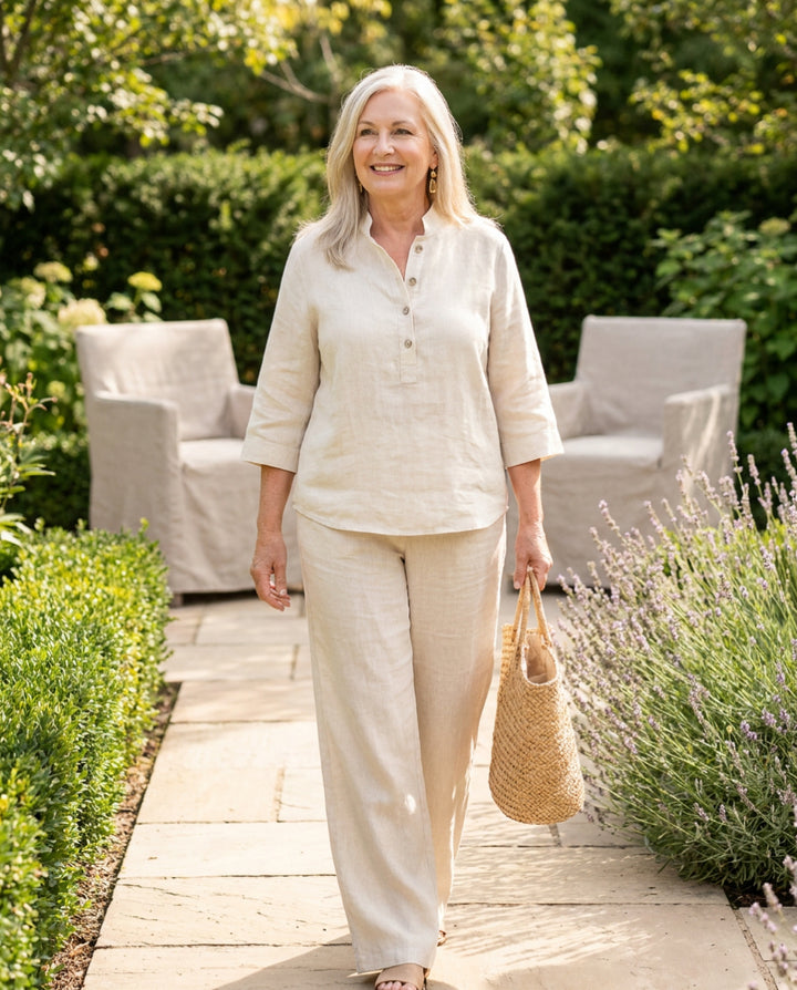 Maribel™ | Linen Set with Batwing Sleeves & Wide-Leg Pants