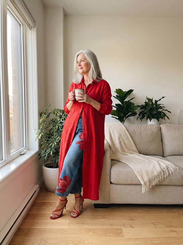 Daniella™ | Long Shirt Dress & Floral Wide-Leg Jeans Set