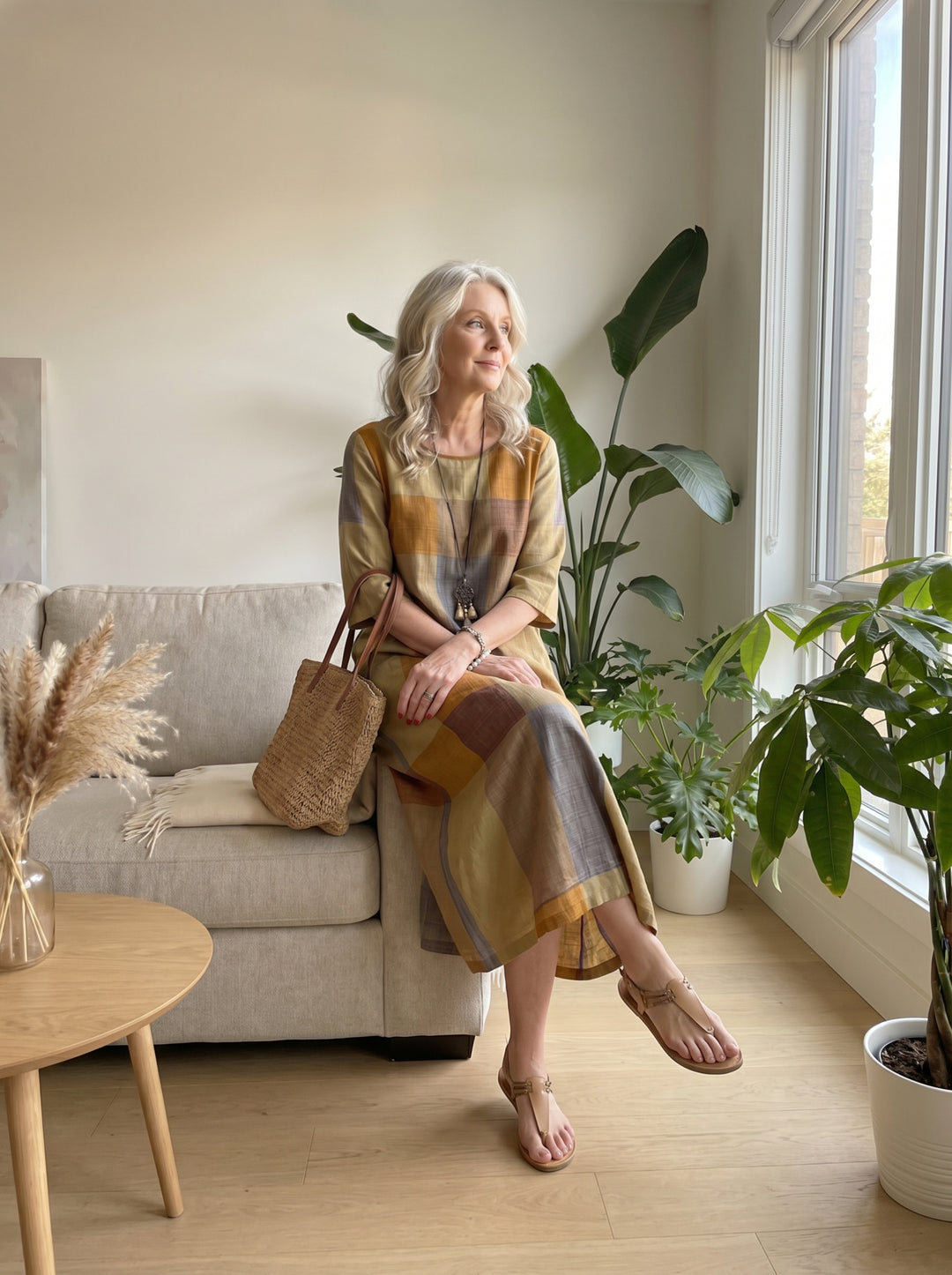 Sienna™ | Earthy Plaid Midi Dress with 3/4 Sleeves