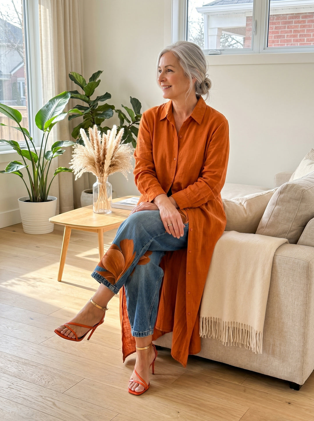 Daniella™ | Long Shirt Dress & Floral Wide-Leg Jeans Set