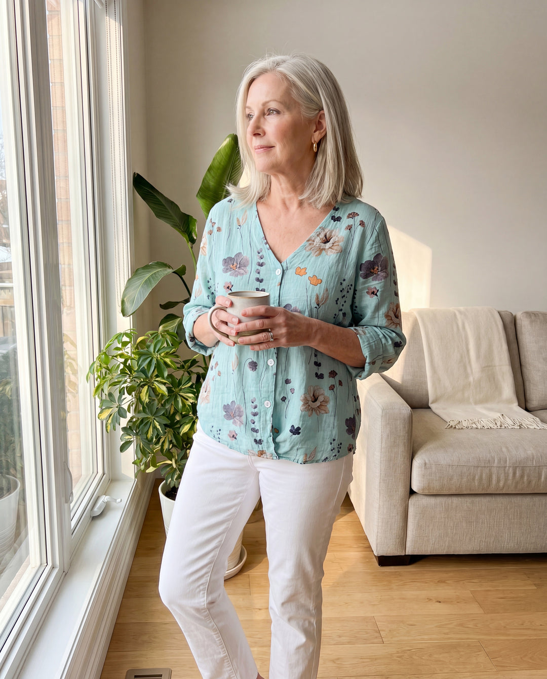 Alisa™ | Floral Button-Up Blouse with Soft Tummy Drape