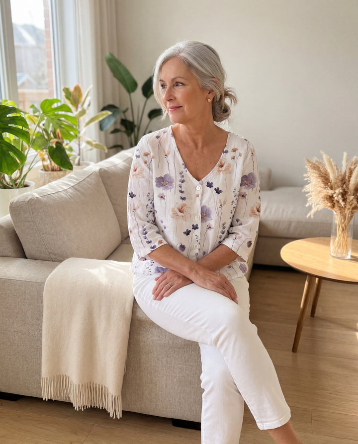 Alisa™ | Floral Button-Up Blouse with Soft Tummy Drape
