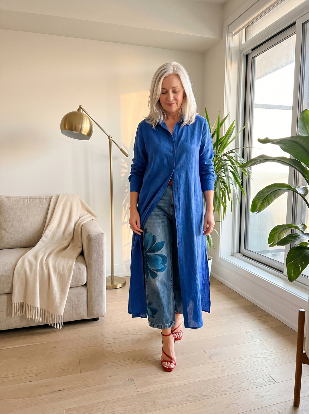 Daniella™ | Long Shirt Dress & Floral Wide-Leg Jeans Set