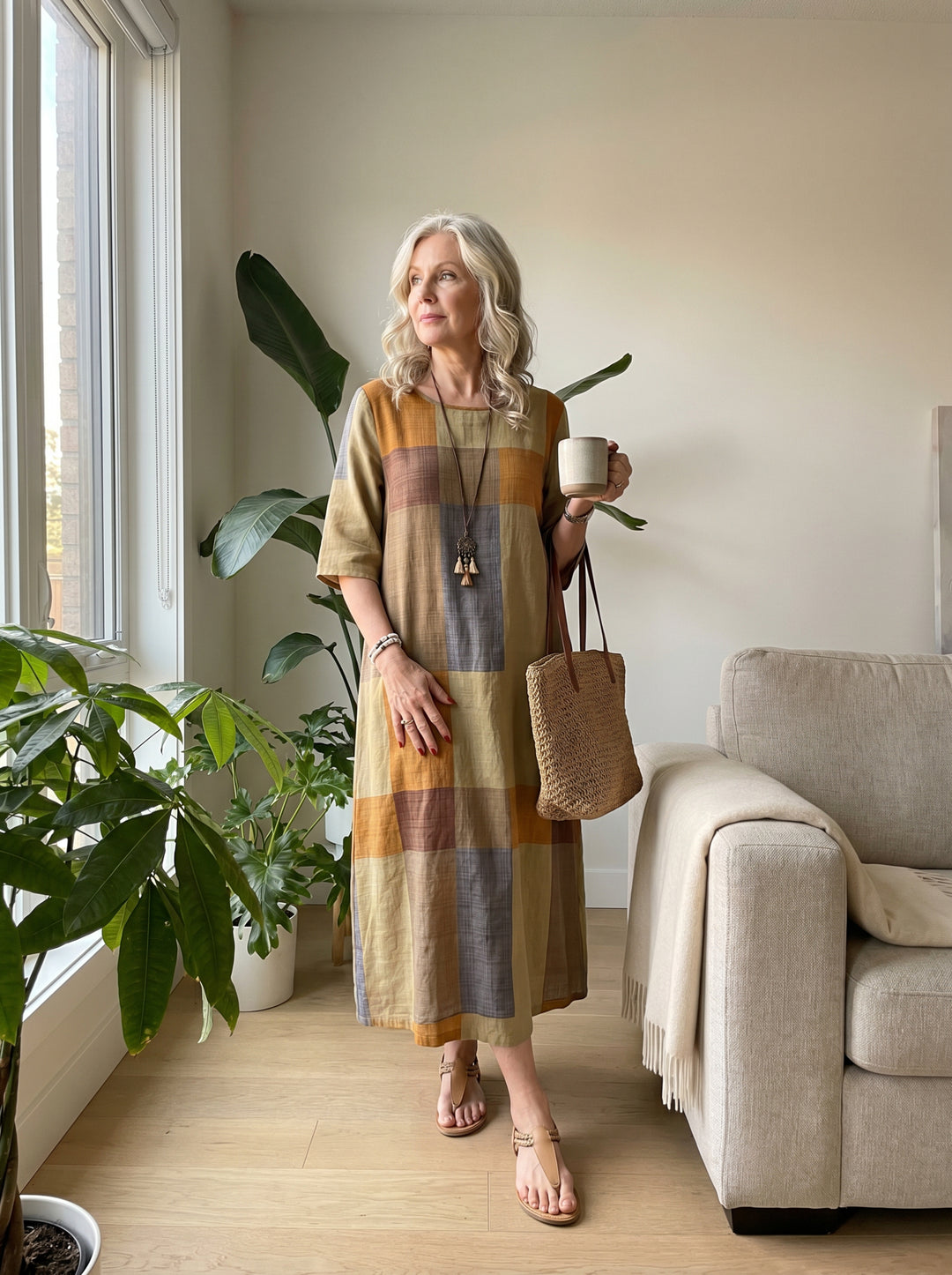 Sienna™ | Earthy Plaid Midi Dress with 3/4 Sleeves