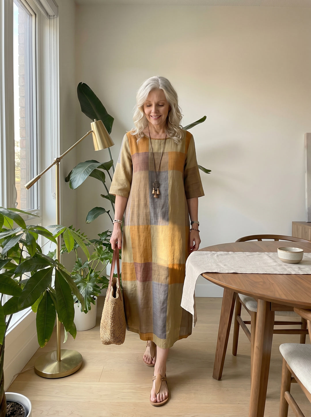 Sienna™ | Earthy Plaid Midi Dress with 3/4 Sleeves