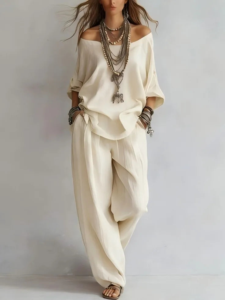 Violette™ | Off-Shoulder Linen-Blend & Wide-Leg Trouser Set