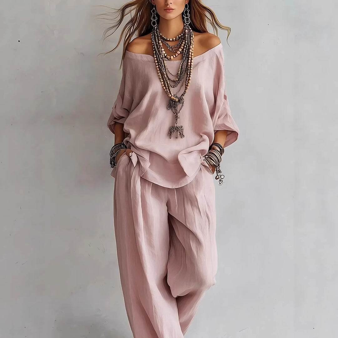Violette™ | Off-Shoulder Linen-Blend & Wide-Leg Trouser Set