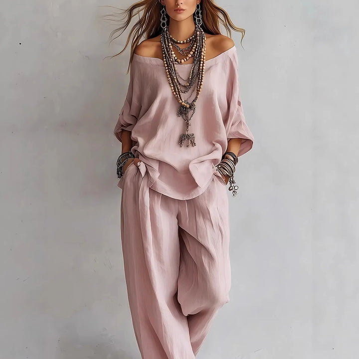 Violette™ | Off-Shoulder Linen-Blend & Wide-Leg Trouser Set