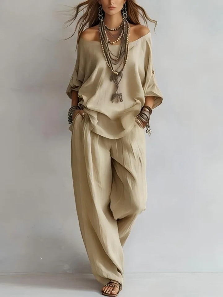 Violette™ | Off-Shoulder Linen-Blend & Wide-Leg Trouser Set
