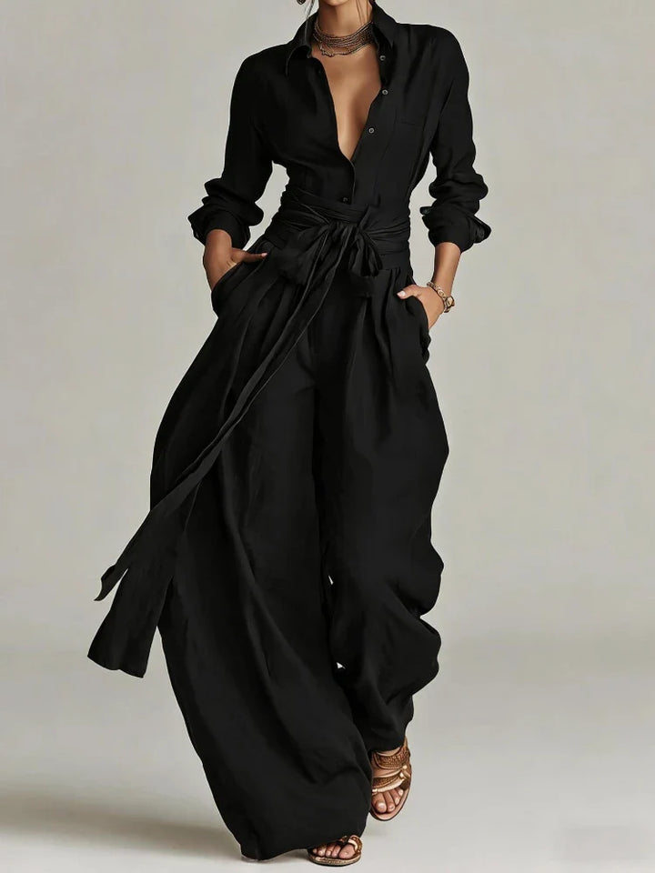 Marlène™ | Vintage Button-Up Shirt & Wide-Leg Trouser Set