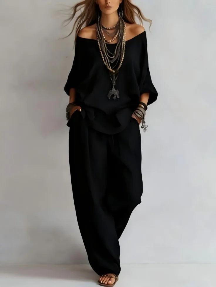 Violette™ | Off-Shoulder Linen-Blend & Wide-Leg Trouser Set
