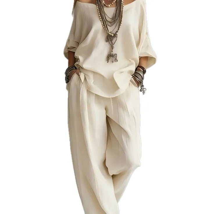 Violette™ | Off-Shoulder Linen-Blend & Wide-Leg Trouser Set
