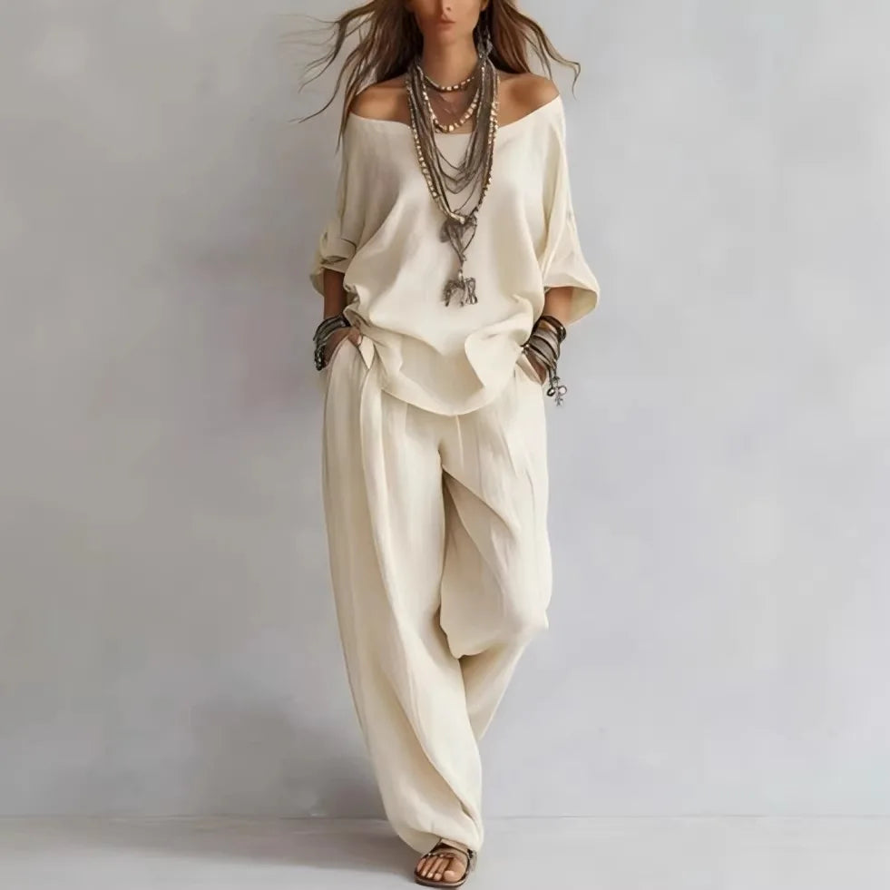 Violette™ | Off-Shoulder Linen-Blend & Wide-Leg Trouser Set