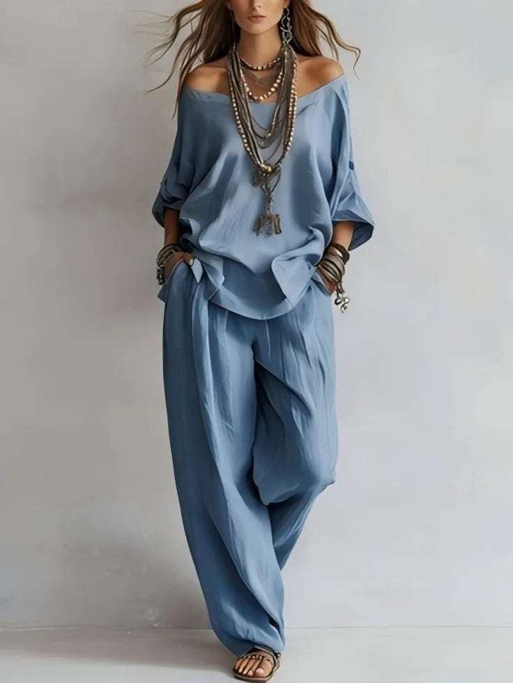 Violette™ | Off-Shoulder Linen-Blend & Wide-Leg Trouser Set