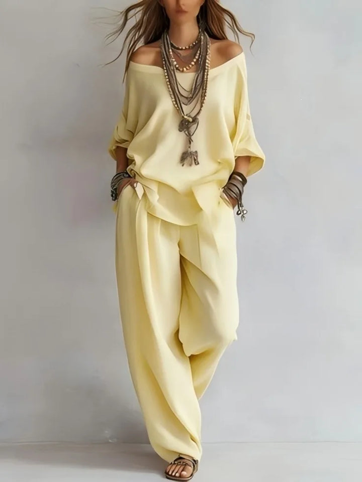 Violette™ | Off-Shoulder Linen-Blend & Wide-Leg Trouser Set