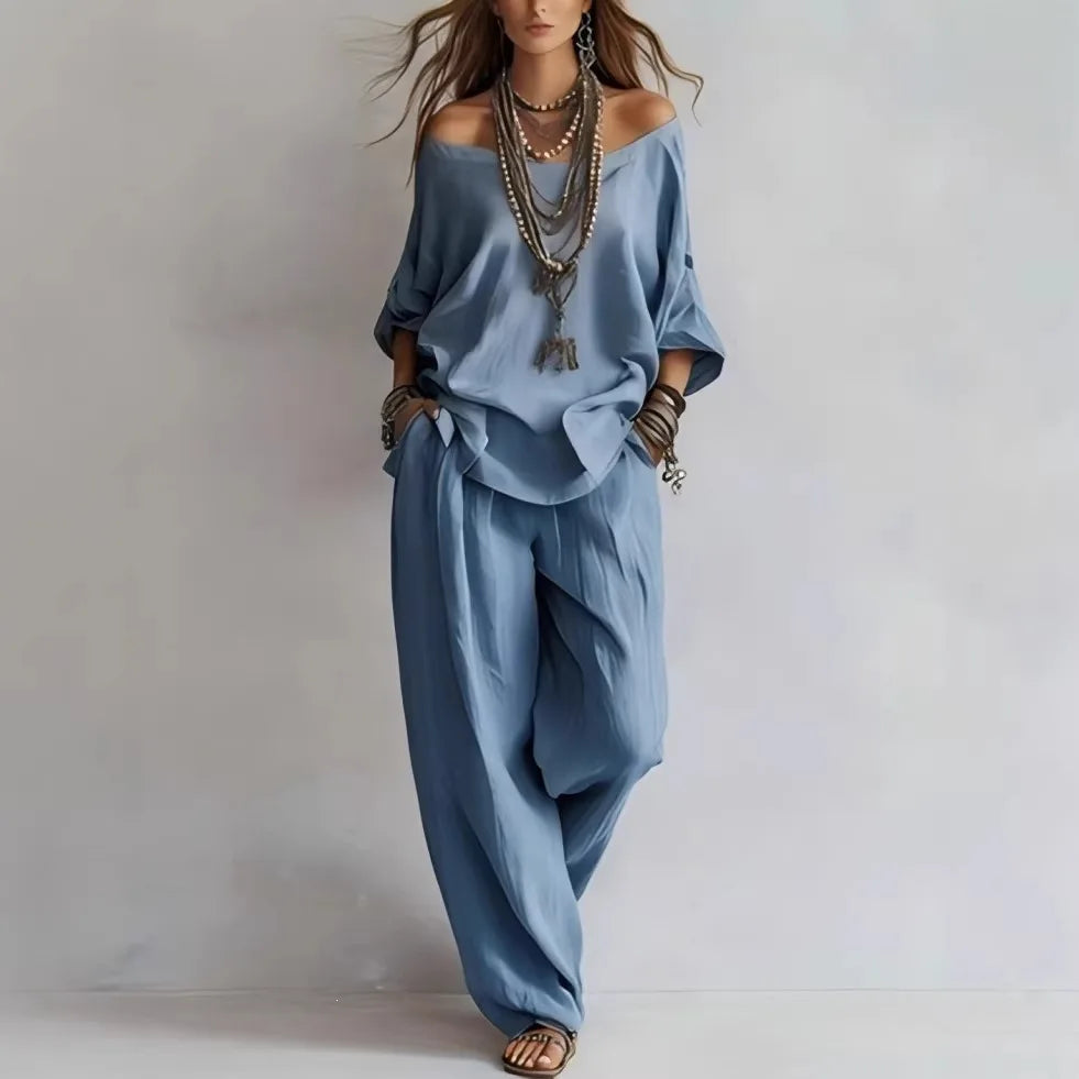 Violette™ | Off-Shoulder Linen-Blend & Wide-Leg Trouser Set