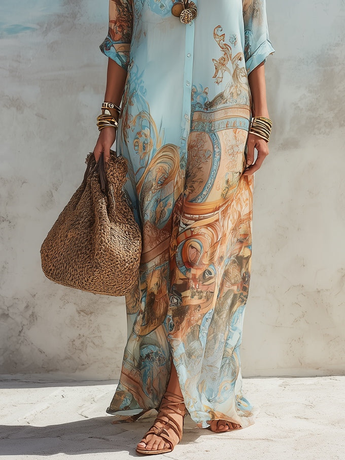Lanie™ | Vintage Print Button-Down Maxi Dress