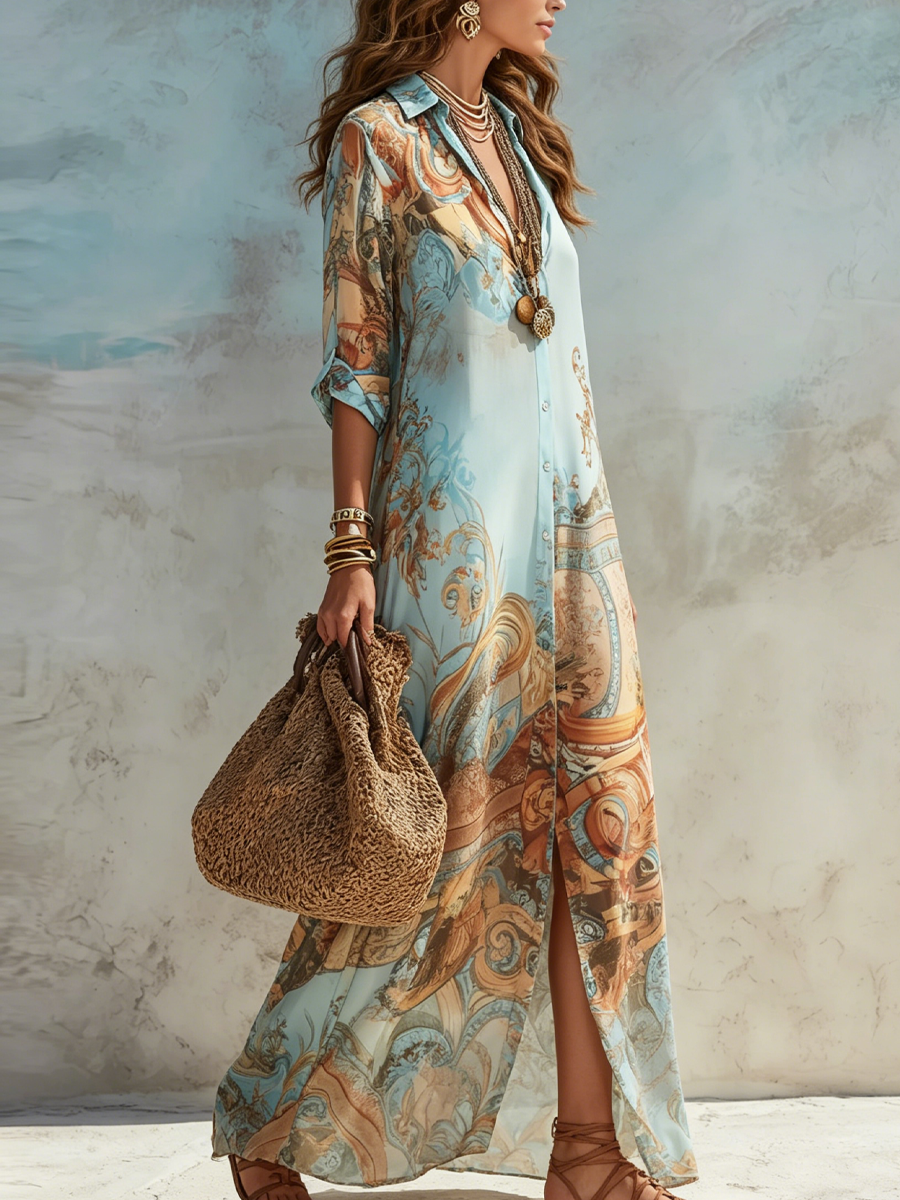 Lanie™ | Vintage Print Button-Down Maxi Dress