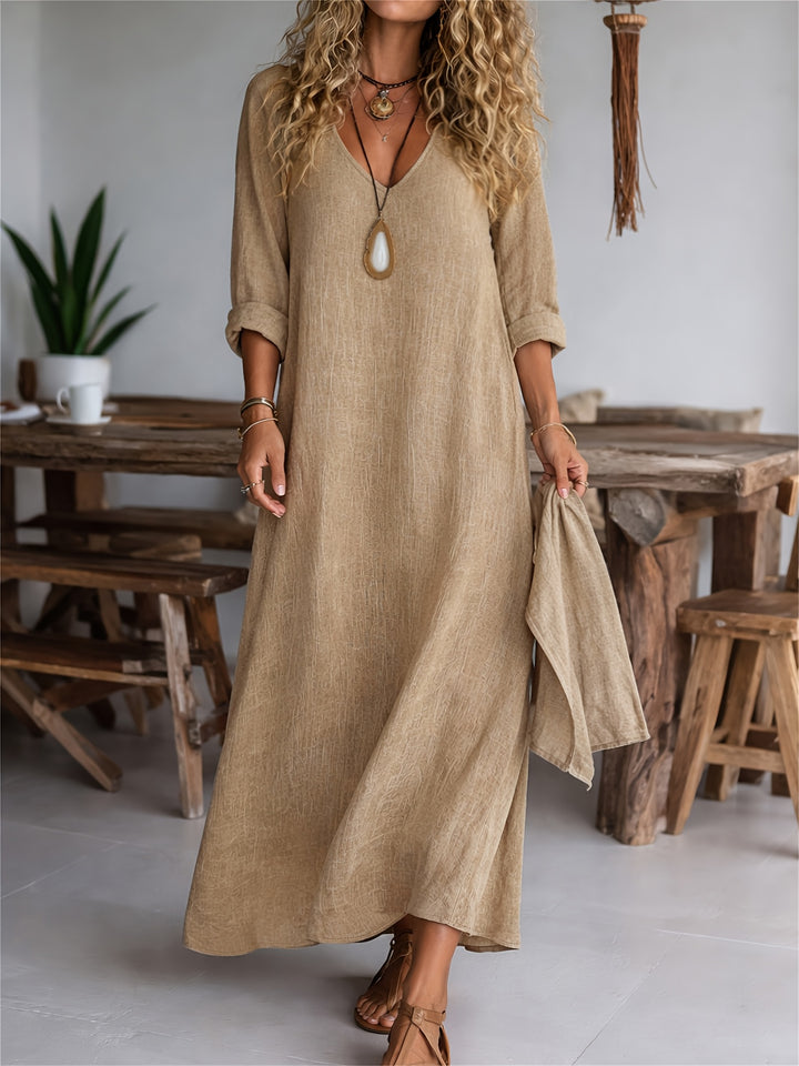 Women's V-neck Long Sleeve Solid Color Casual Loose Dress