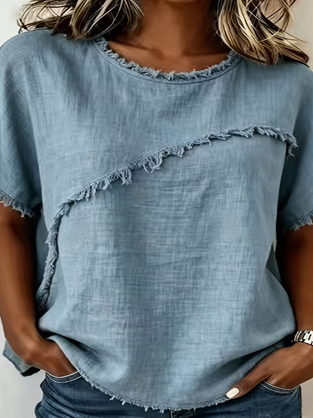 2026 Women'S Spring/Summer New Arrival: Round-Neck Short-Sleeve Fringed Patchwork -Linen Shirt