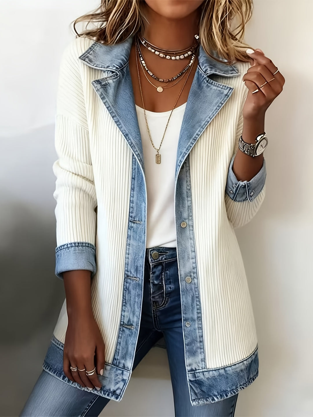 Alina™ | Denim-Trim Knit Jacket