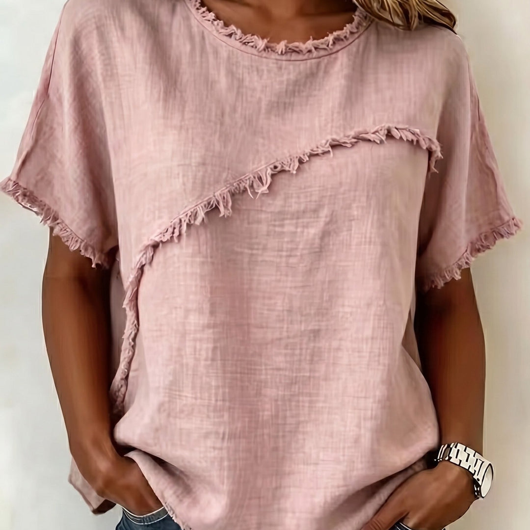 2026 Women'S Spring/Summer New Arrival: Round-Neck Short-Sleeve Fringed Patchwork -Linen Shirt