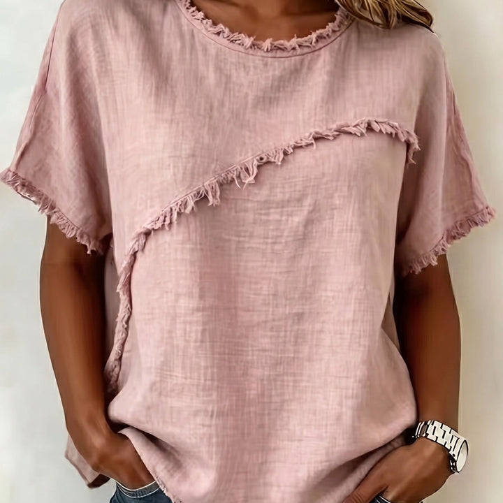 2026 Women'S Spring/Summer New Arrival: Round-Neck Short-Sleeve Fringed Patchwork -Linen Shirt
