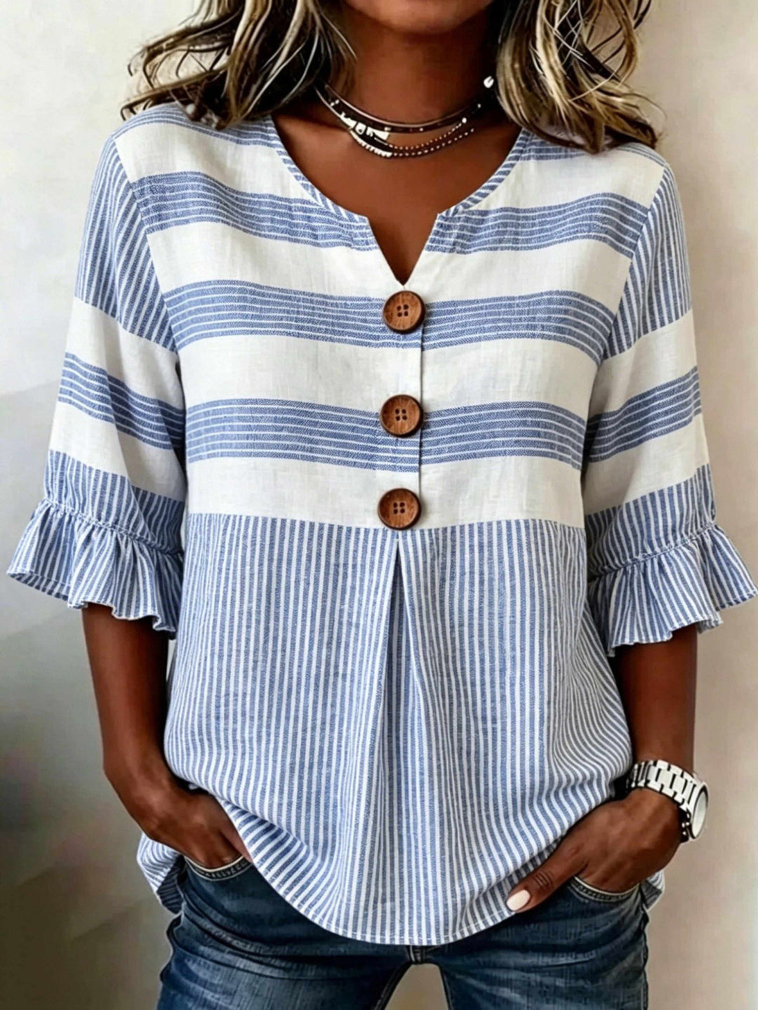 Hazel™ | Striped V-Neck Button Blouse