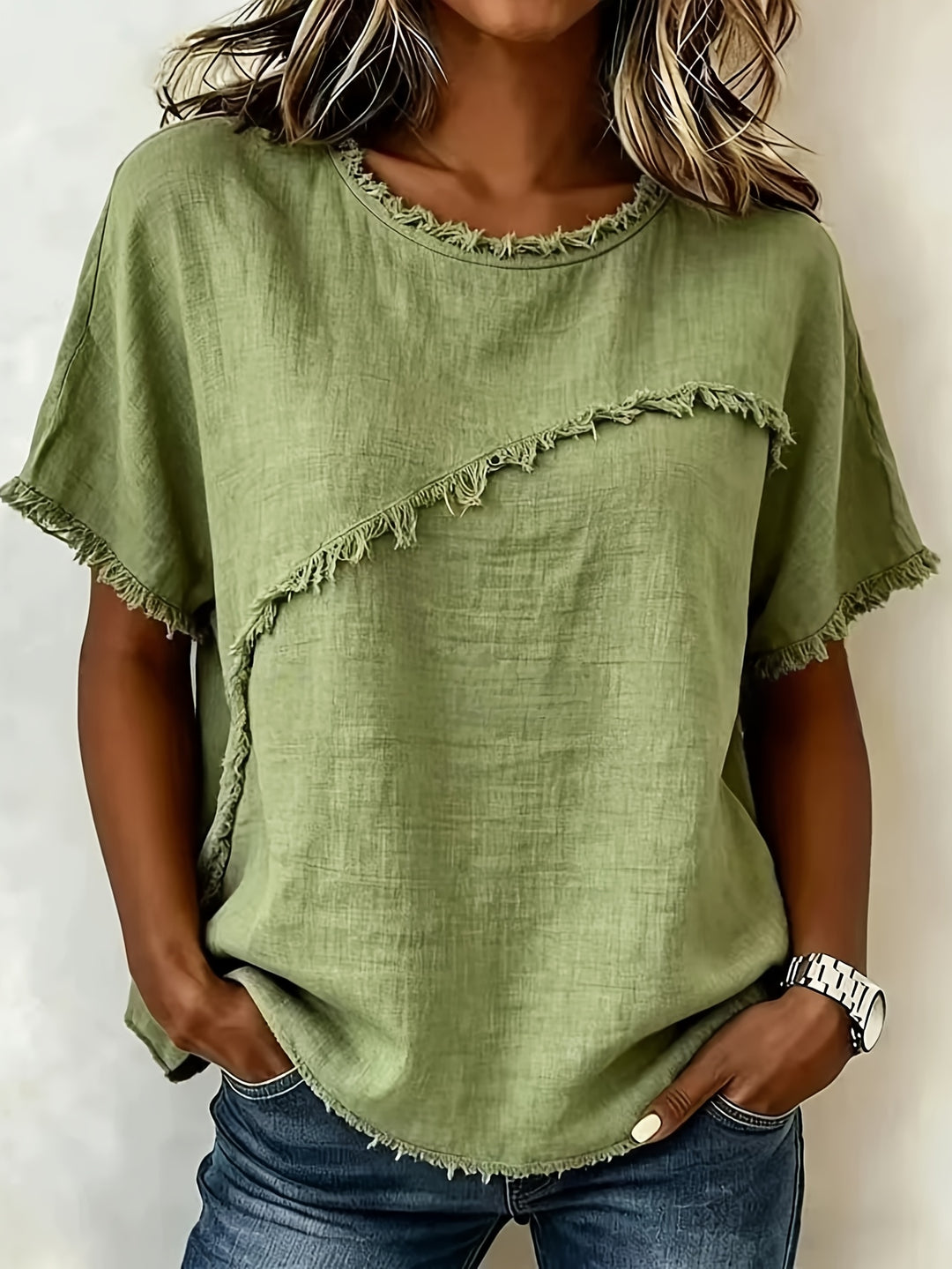 2026 Women'S Spring/Summer New Arrival: Round-Neck Short-Sleeve Fringed Patchwork -Linen Shirt