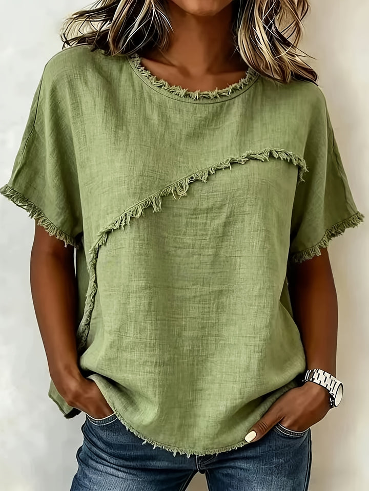 2026 Women'S Spring/Summer New Arrival: Round-Neck Short-Sleeve Fringed Patchwork -Linen Shirt