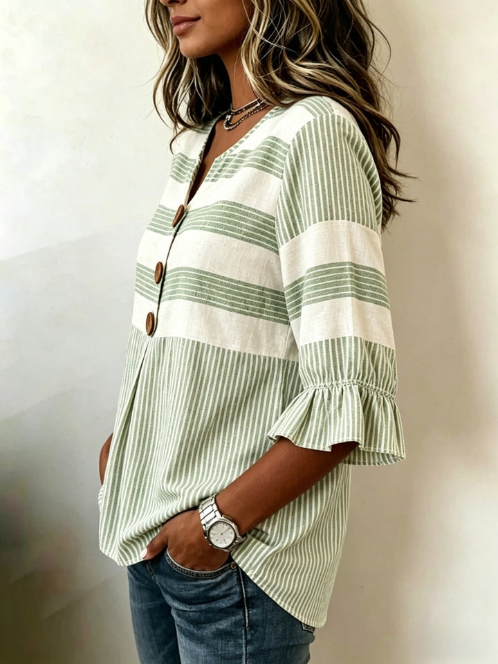 Hazel™ | Striped V-Neck Button Blouse