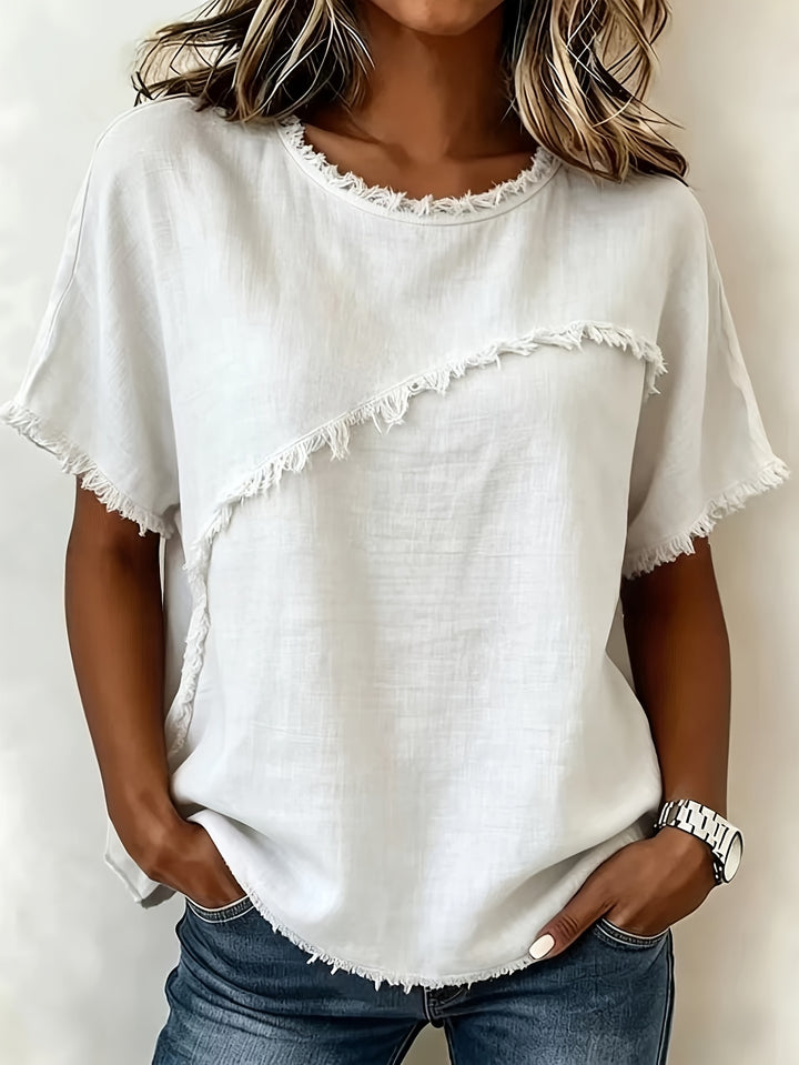 2026 Women'S Spring/Summer New Arrival: Round-Neck Short-Sleeve Fringed Patchwork -Linen Shirt