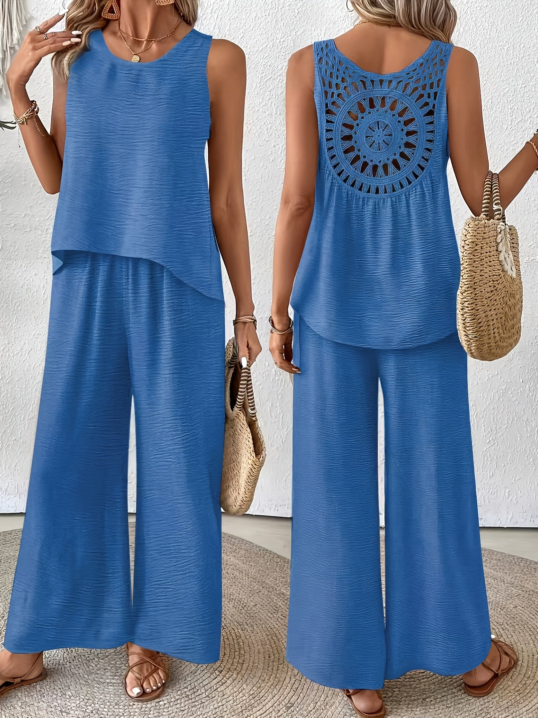 Elegant Exclusive Vacation Solid Color Sleeveless Top and Wide-Leg Pants