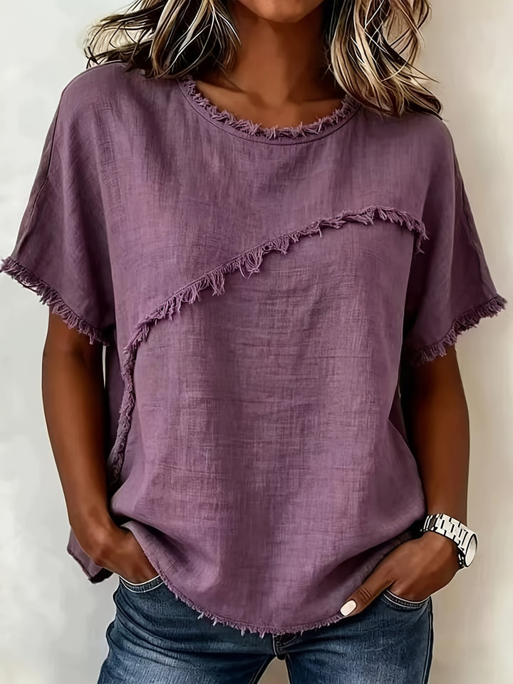 2026 Women'S Spring/Summer New Arrival: Round-Neck Short-Sleeve Fringed Patchwork -Linen Shirt