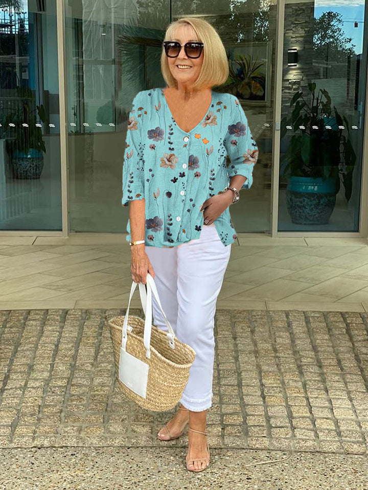 Alisa™ | Floral Button-Up Blouse with Soft Tummy Drape