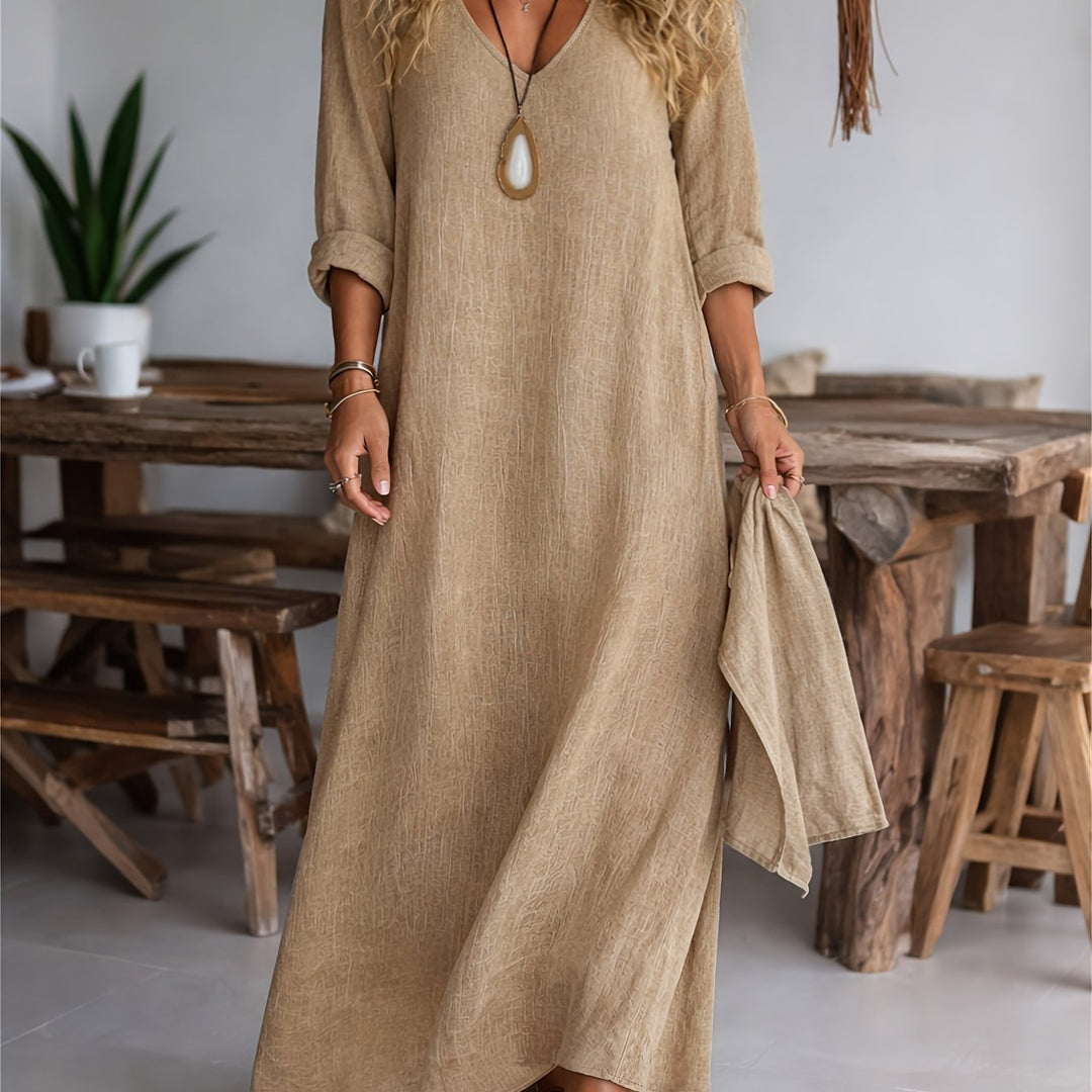 Women's V-neck Long Sleeve Solid Color Casual Loose Dress