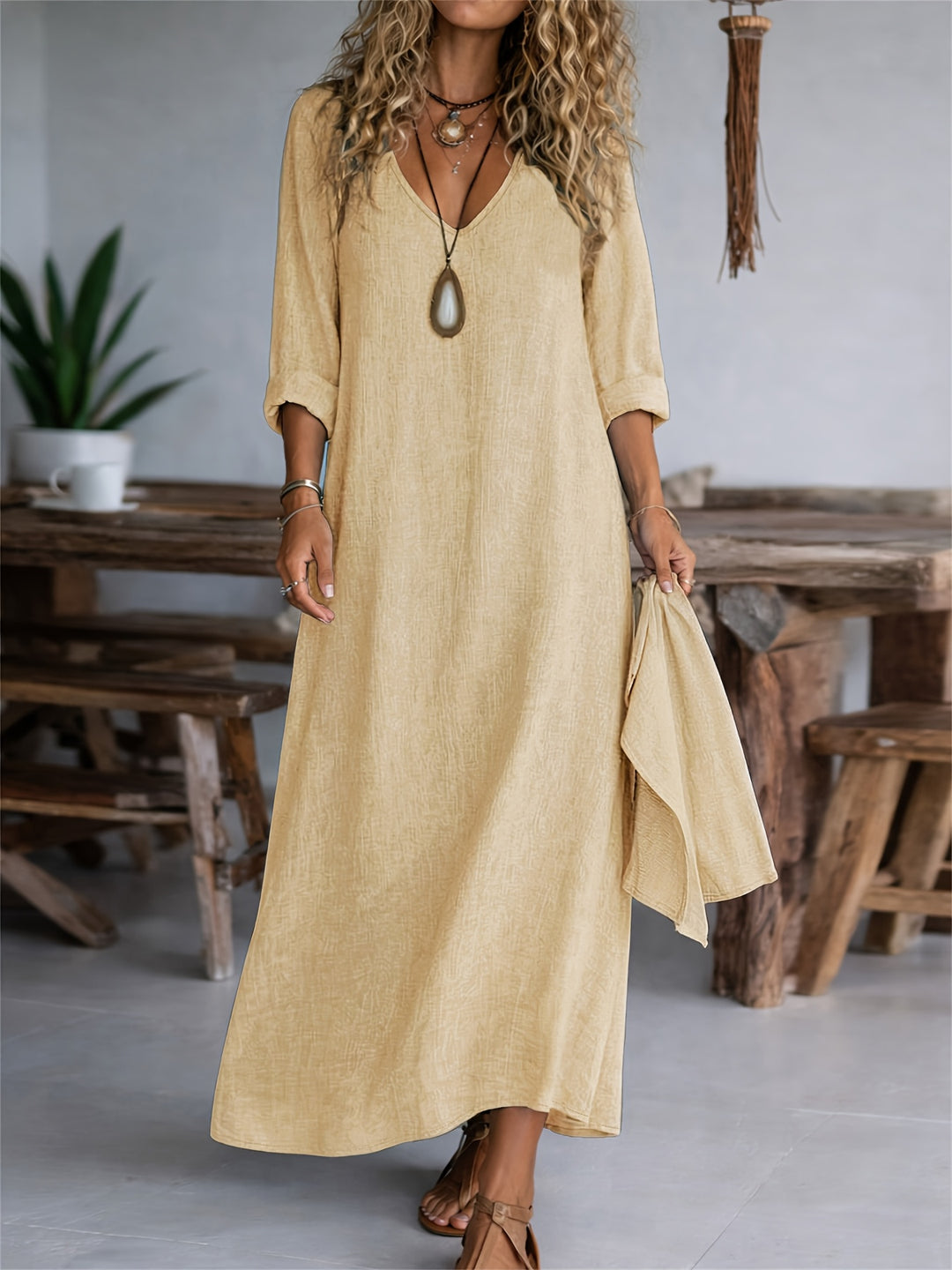 Women's V-neck Long Sleeve Solid Color Casual Loose Dress