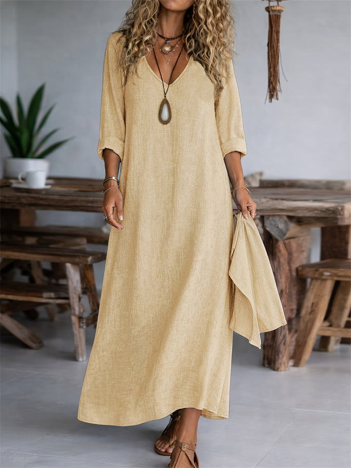 Women's V-neck Long Sleeve Solid Color Casual Loose Dress