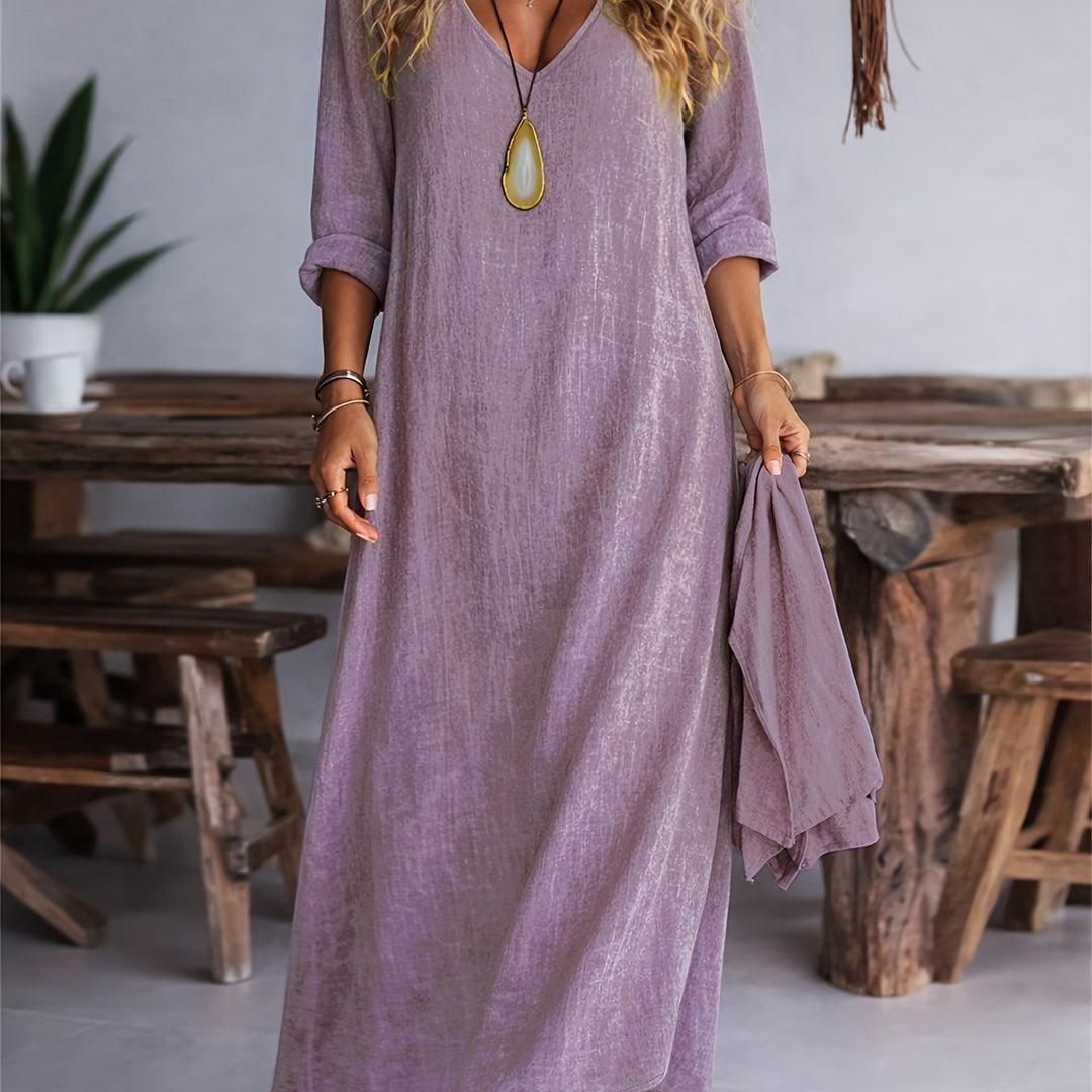 Women's V-neck Long Sleeve Solid Color Casual Loose Dress