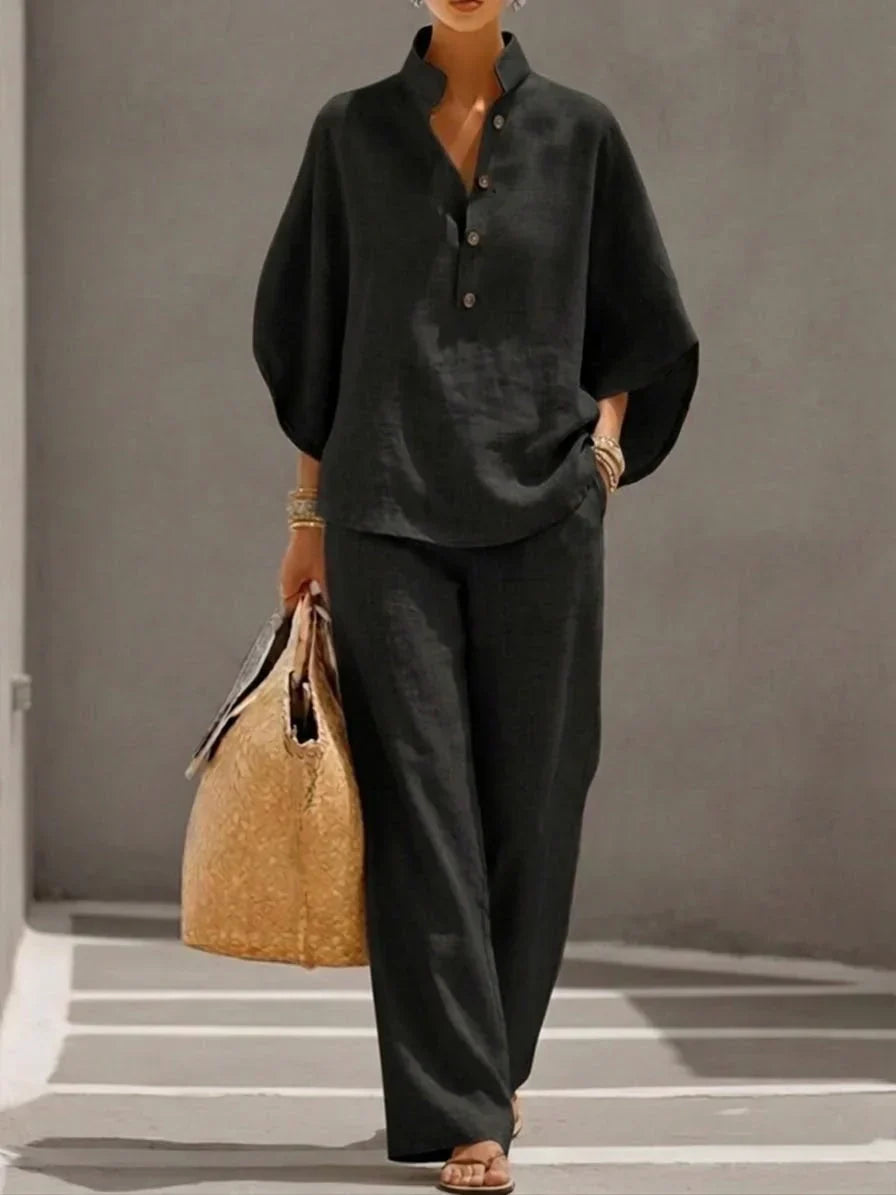 Maribel - Elegant complete set with batwing sleeves and wide pants