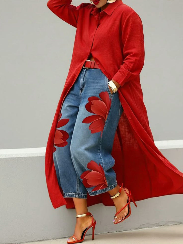Daniella™ | Long Shirt Dress & Floral Wide-Leg Jeans Set