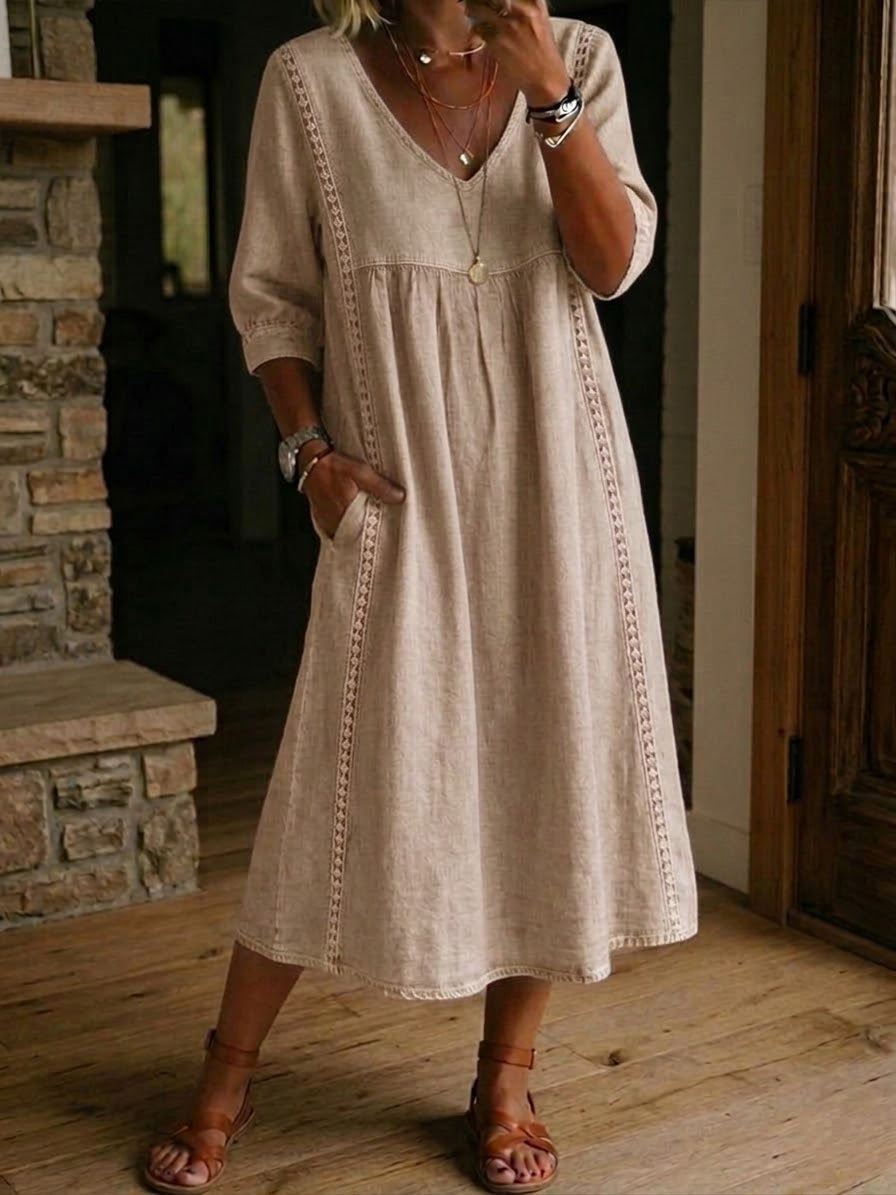 Aurélie™ | Linen & Cotton Dress with Lace Detail
