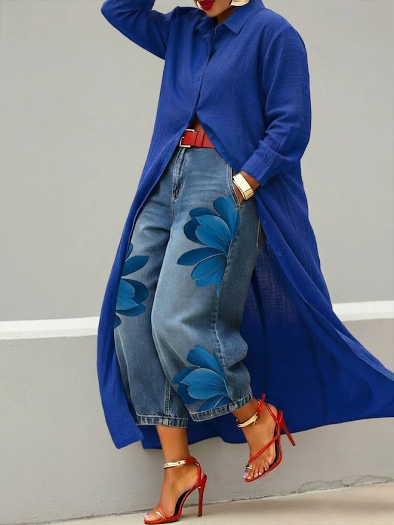 Daniella™ | Long Shirt Dress & Floral Wide-Leg Jeans Set