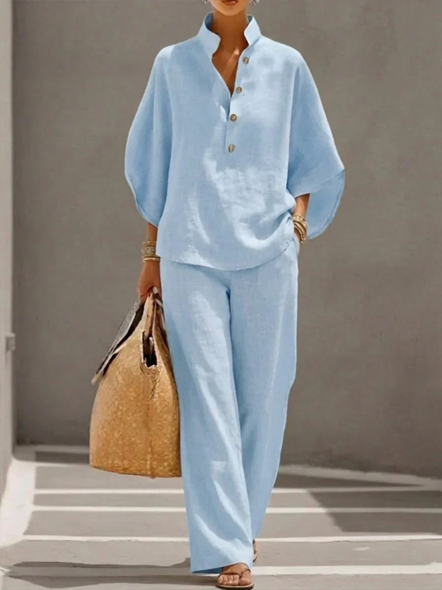 Maribel - Elegant complete set with batwing sleeves and wide pants