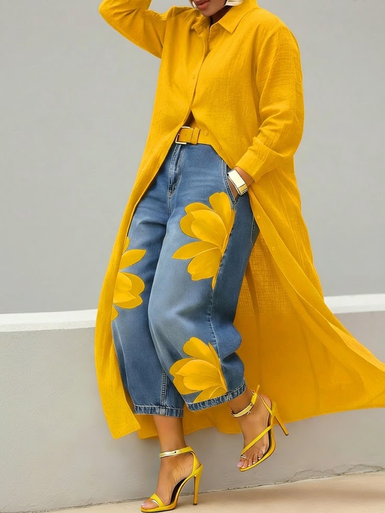 Daniella™ | Long Shirt Dress & Floral Wide-Leg Jeans Set