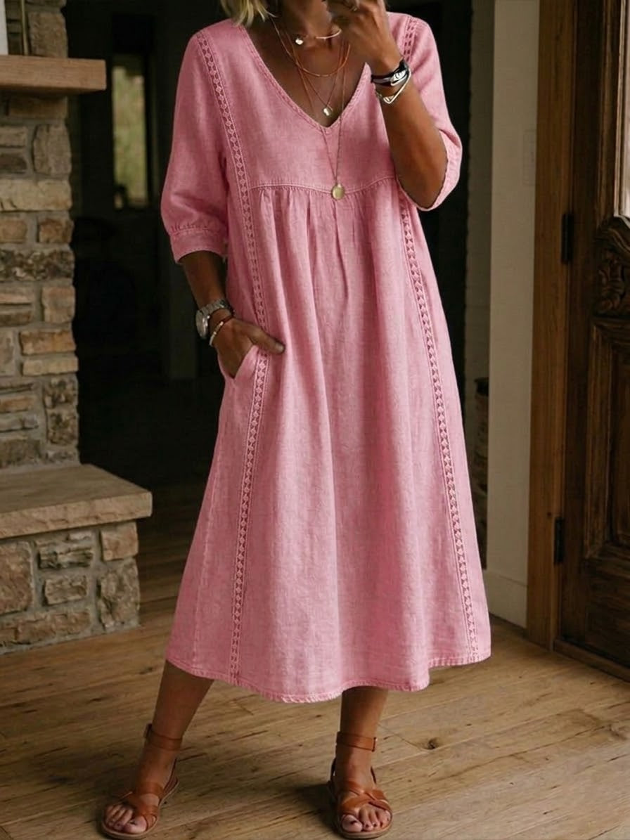 Aurélie™ | Linen & Cotton Dress with Lace Detail