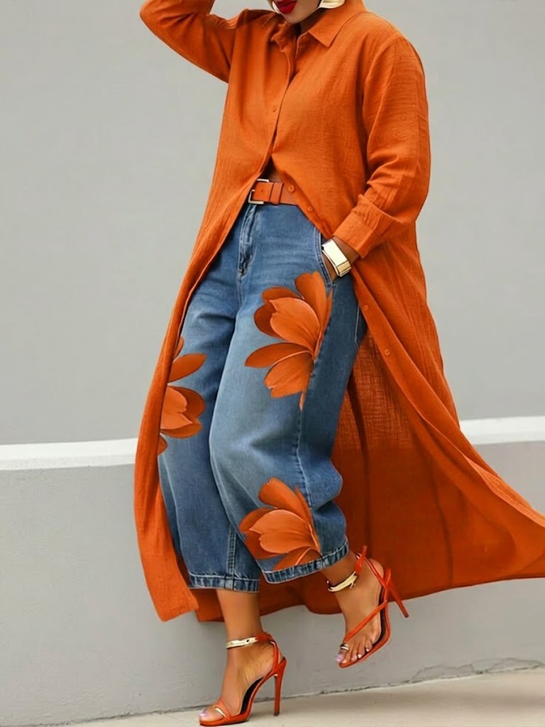 Daniella™ | Long Shirt Dress & Floral Wide-Leg Jeans Set